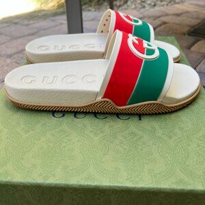 Authentic Gucci Agrado Slide Sandal CREAM RED GREEN Men's Size 6G 655461